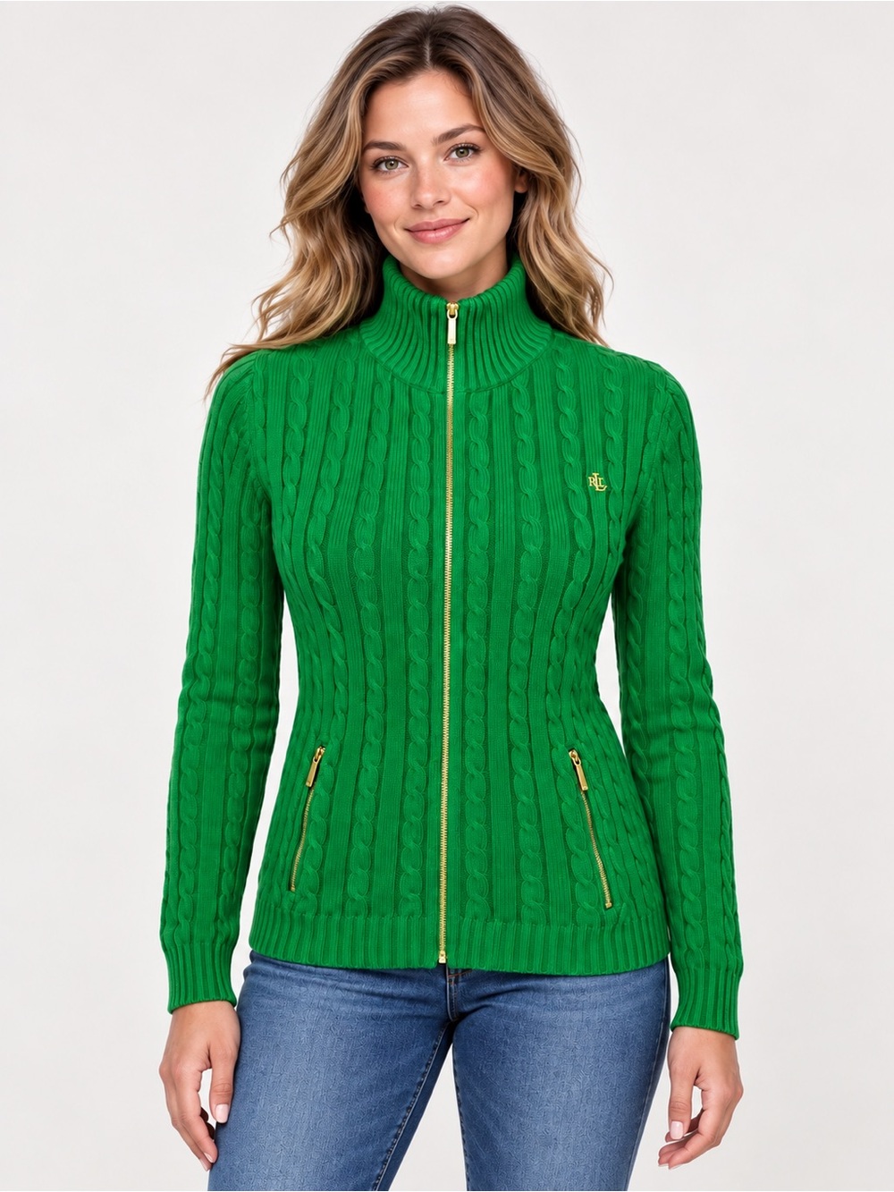 Lauren Ralph Lauren Green Cable Knit Full Zip Cotton Sweater Women Size S